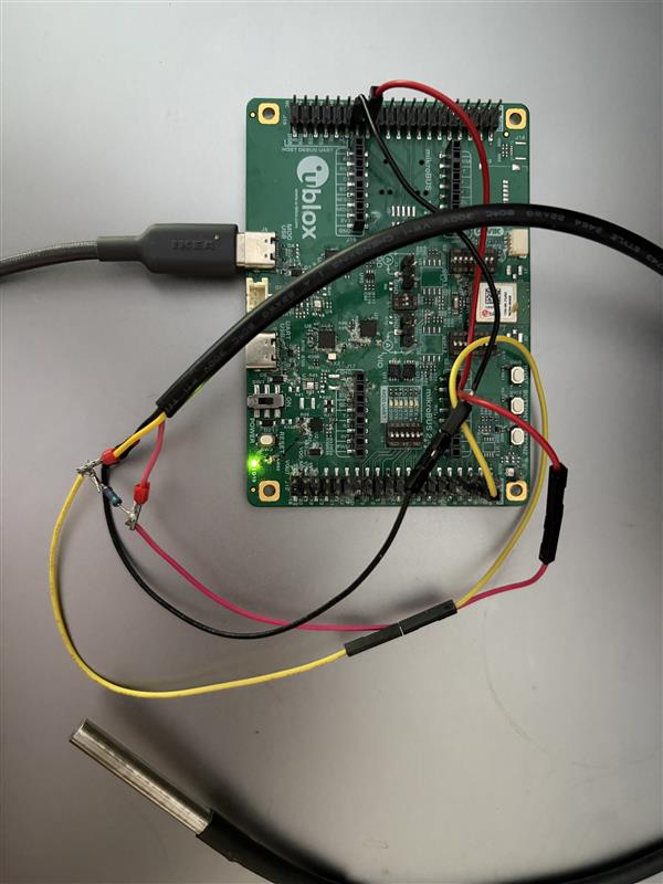 The EVK-NORA-W40 dev board wired up to a DS18B20 probe on the bench